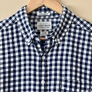 Lucky  Brand| Men’s Navy Gingham Collared Button Long Sleeve Cotton Shirt…
